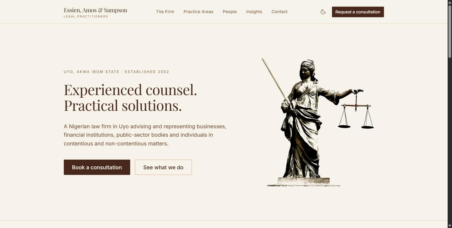 Essien, Amos & Sampson website with practice navigation and consultation booking