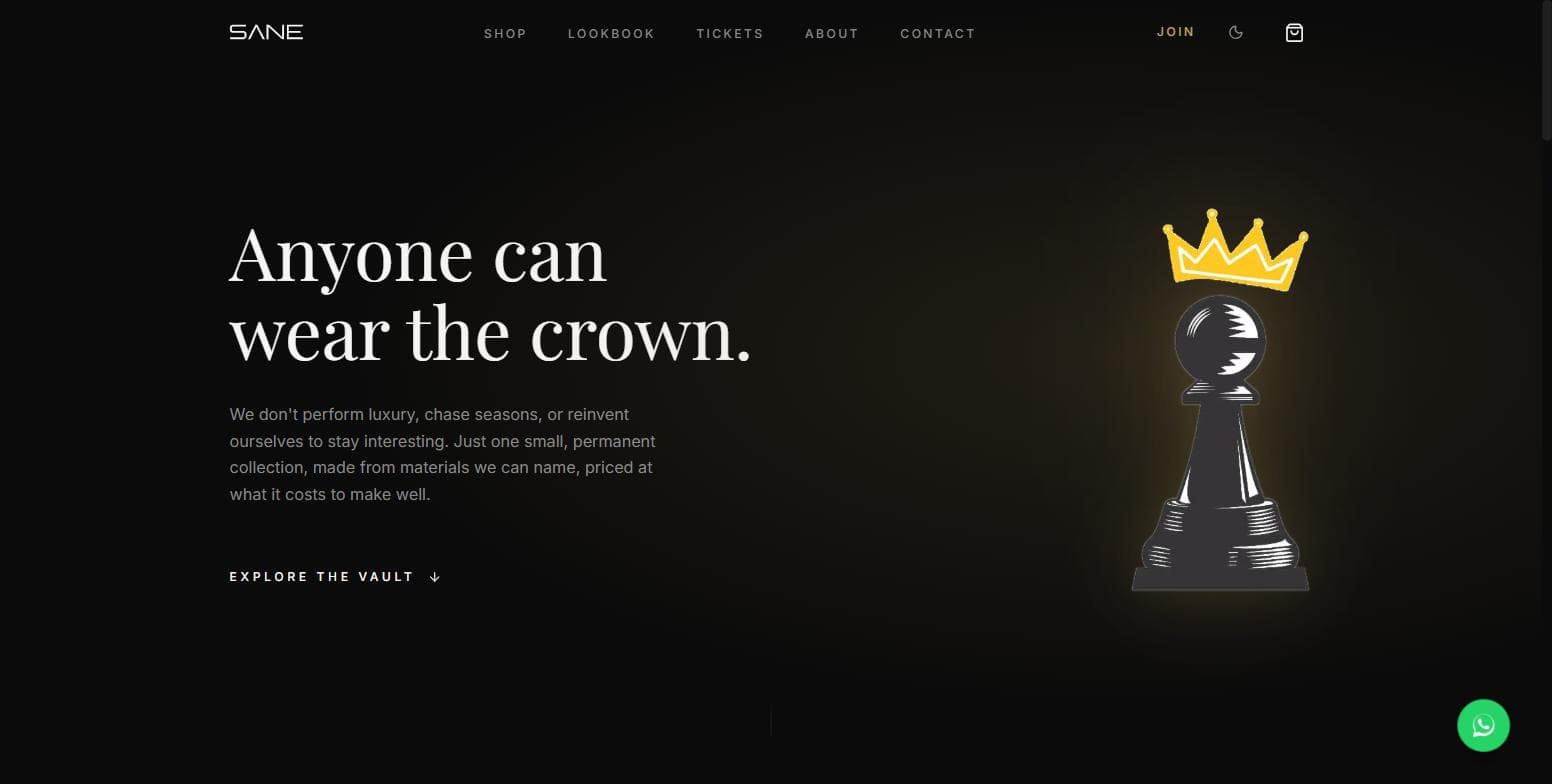 SANE storefront with its clothing collection introduction and crowned chess piece artwork